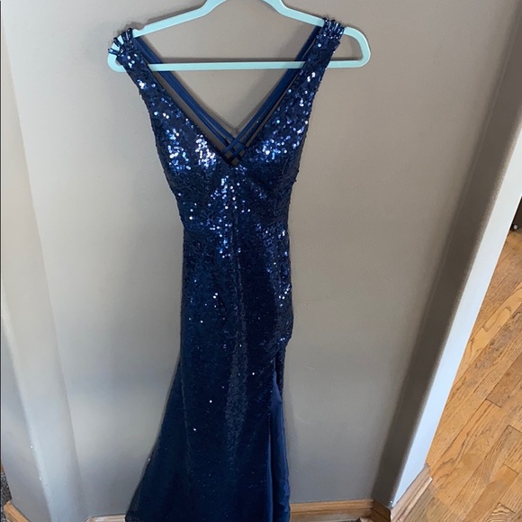 Navy Sequined Prom Dress - Picture 2 of 9
